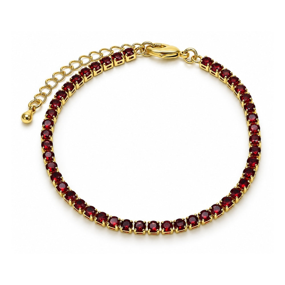 Oro Laminado Tennis Bracelet, Gold Filled Style with Garnet Cubic Zirconia, Polished, Golden Finish