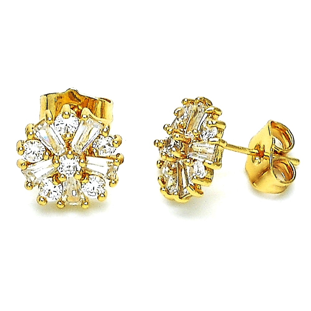 Oro Laminado Stud Earring, Gold Filled Style Flower and Baguette Design, with White Cubic Zirconia, Polished, Golden Finish