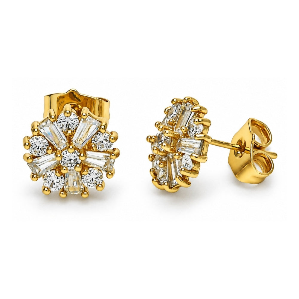 Oro Laminado Stud Earring, Gold Filled Style Flower and Baguette Design, with White Cubic Zirconia, Polished, Golden Finish