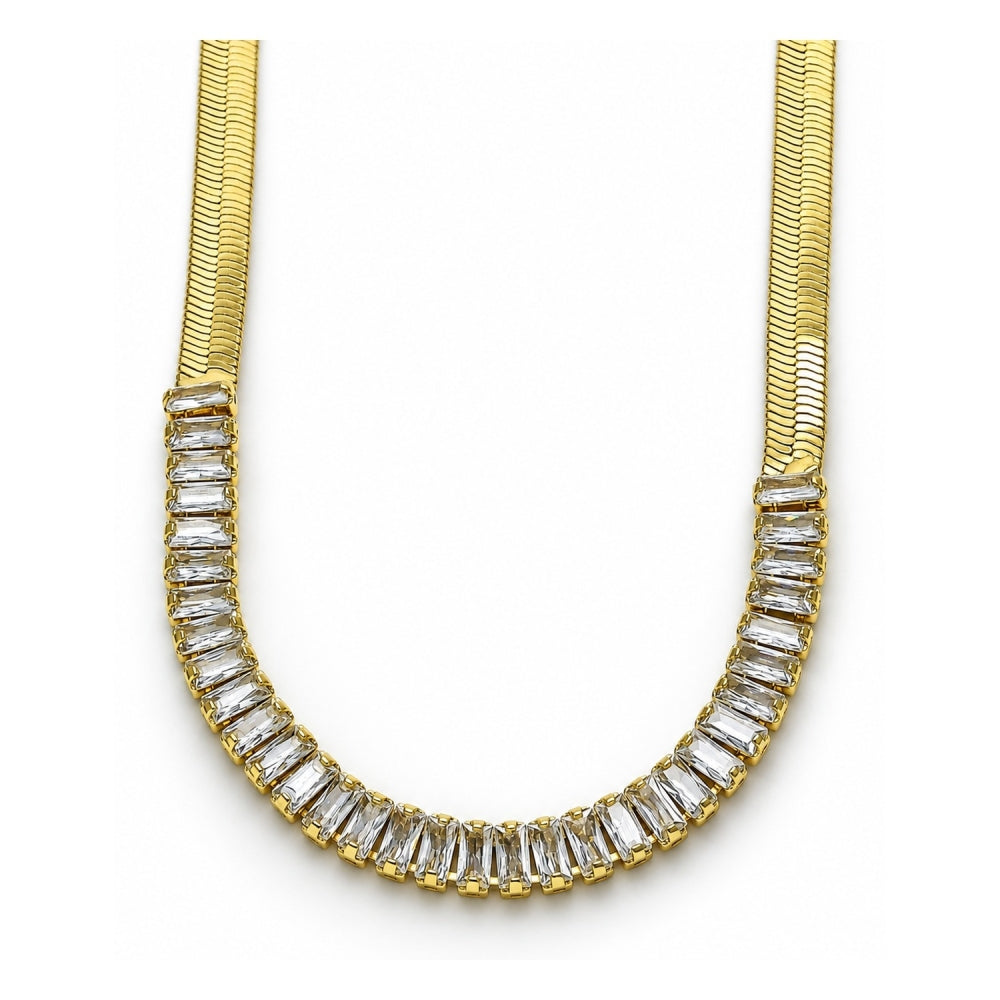 Oro Laminado Fancy Necklace, Gold Filled Style Baguette Design, with White Cubic Zirconia, Polished, Golden Finish