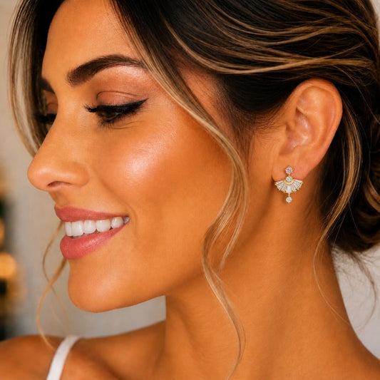 Oro Laminado Stud Earring, Gold Filled Style Baguette Design, with Pink and White Cubic Zirconia, Polished, Golden Finish