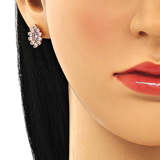 Oro Laminado Stud Earring, Gold Filled Style Evil Eye Design, with Pink Cubic Zirconia, Polished, Golden Finish