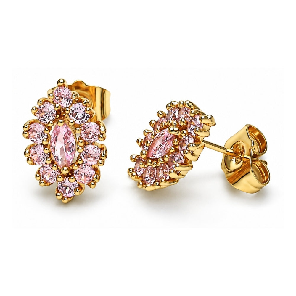 Oro Laminado Stud Earring, Gold Filled Style Evil Eye Design, with Pink Cubic Zirconia, Polished, Golden Finish