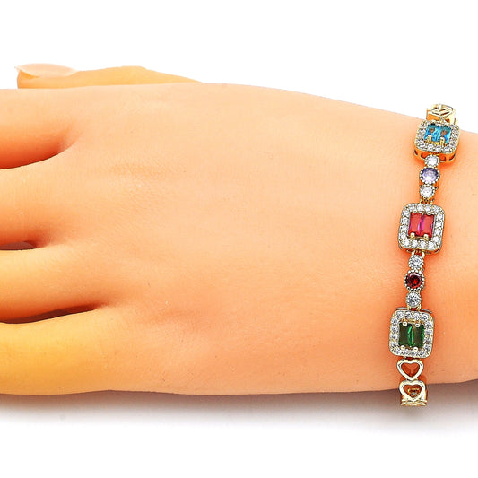 Oro Laminado Fancy Bracelet, Gold Filled Style Heart and Baguette Design, with Multicolor Cubic Zirconia, Polished, Golden Finish