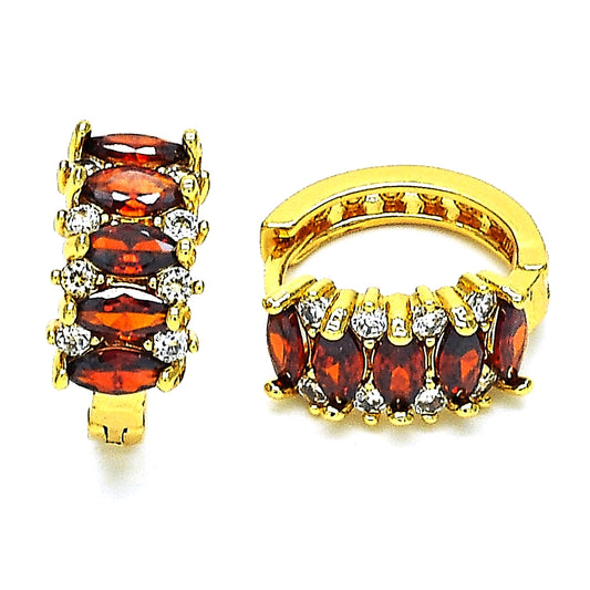 Oro Laminado Huggie Hoop, Gold Filled Style with Garnet and White Cubic Zirconia, Polished, Golden Finish
