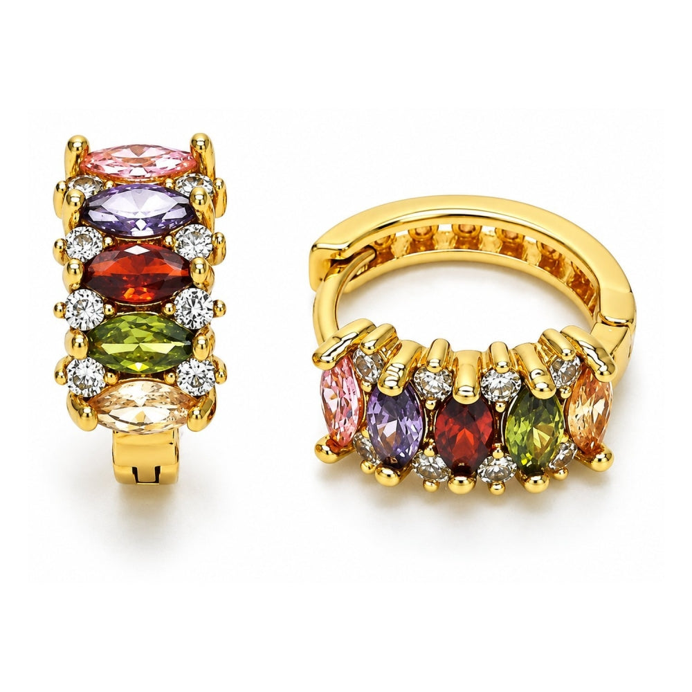 Oro Laminado Huggie Hoop, Gold Filled Style with Multicolor Cubic Zirconia, Polished, Golden Finish
