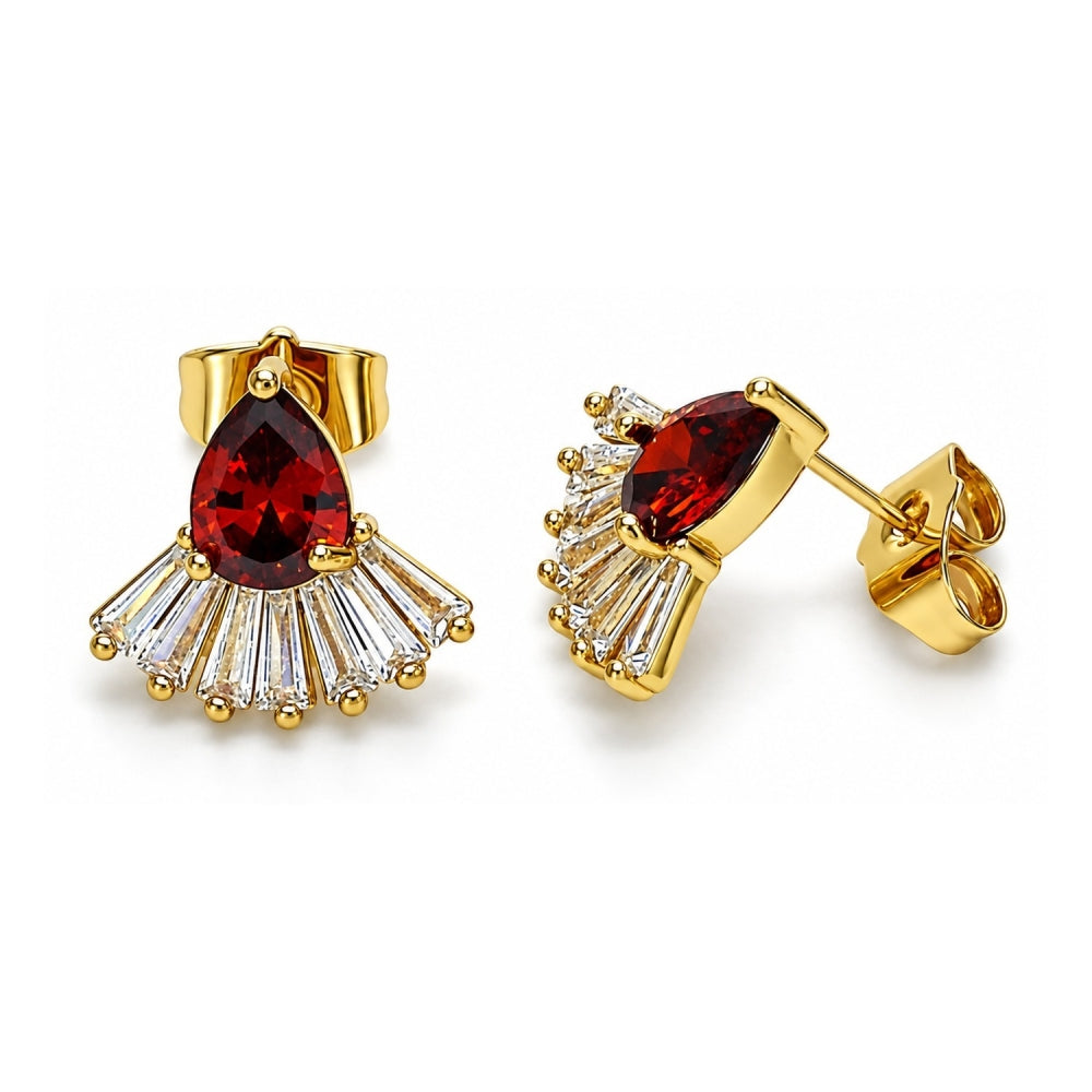 Oro Laminado Stud Earring, Gold Filled Style Teardrop and Baguette Design, with Garnet and White Cubic Zirconia, Polished, Golden Finish