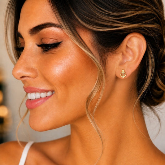 Oro Laminado Stud Earring, Gold Filled Style Anchor Design, Polished, Golden Finish