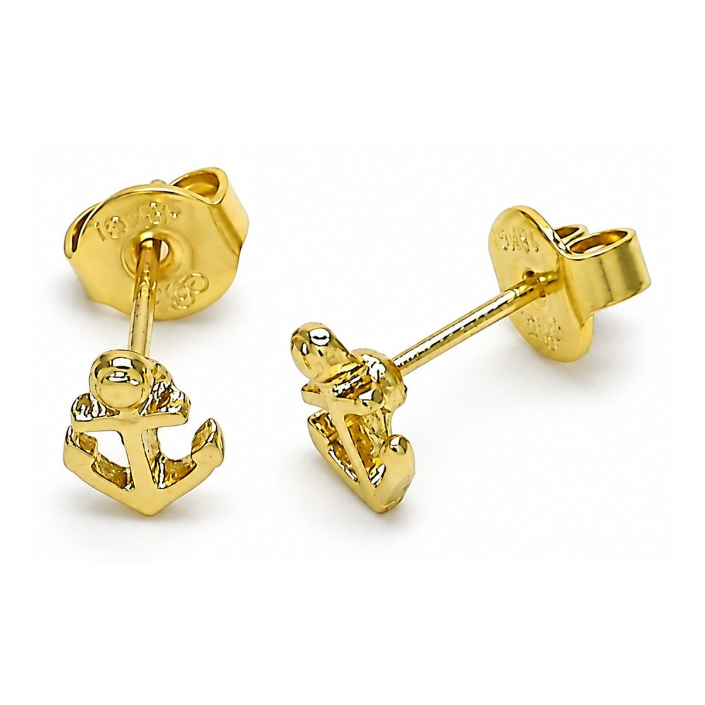 Oro Laminado Stud Earring, Gold Filled Style Anchor Design, Polished, Golden Finish