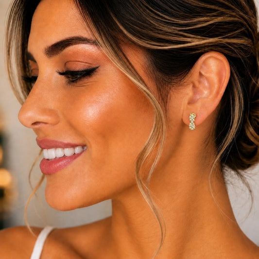 Oro Laminado Stud Earring, Gold Filled Style Infinite Design, with White Micro Pave, Polished, Golden Finish