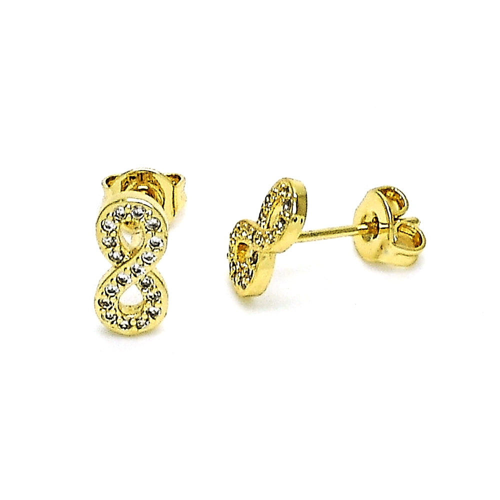 Oro Laminado Stud Earring, Gold Filled Style Infinite Design, with White Micro Pave, Polished, Golden Finish
