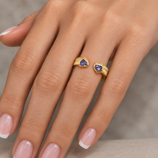Oro Laminado Multi Stone Ring, Gold Filled Style Heart Design, with Amethyst Cubic Zirconia, Polished, Golden Finish