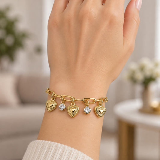 Oro Laminado Charm Bracelet, Gold Filled Style Heart and Paperclip Design, with White Crystal, Polished, Golden Finish