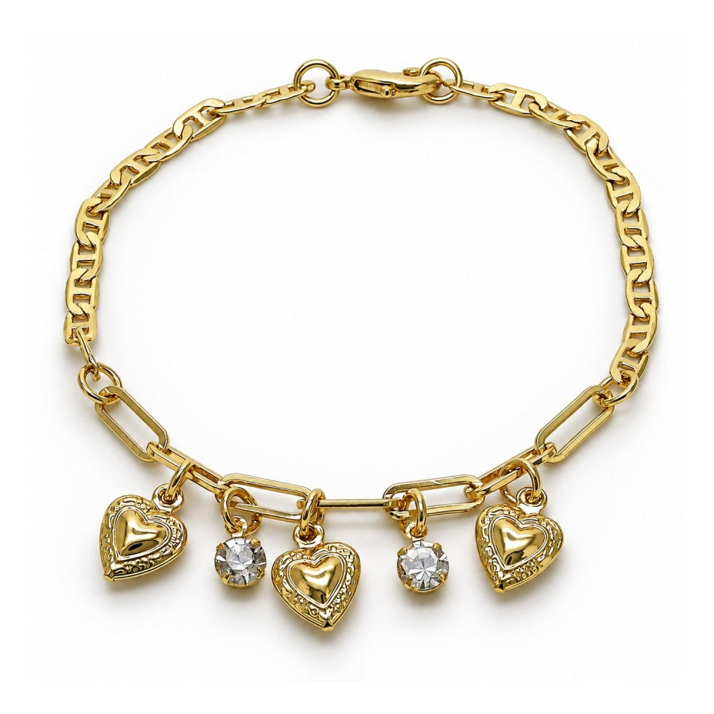 Oro Laminado Charm Bracelet, Gold Filled Style Heart and Paperclip Design, with White Crystal, Polished, Golden Finish