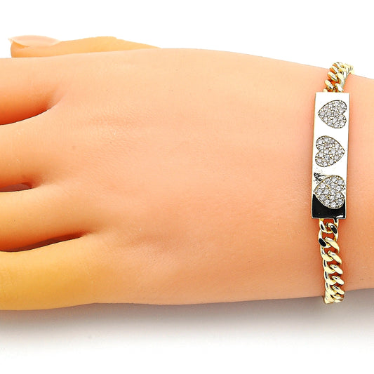 Oro Laminado Fancy Bracelet, Gold Filled Style Heart Design, with White Micro Pave, Polished, Golden Finish