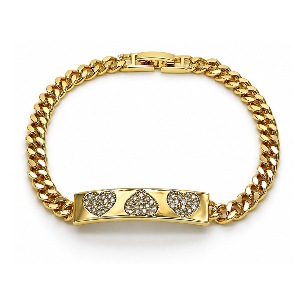 Oro Laminado Fancy Bracelet, Gold Filled Style Heart Design, with White Micro Pave, Polished, Golden Finish