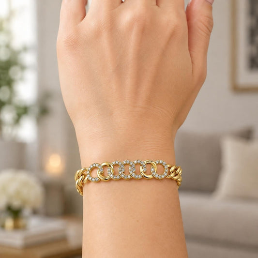 Oro Laminado Fancy Bracelet, Gold Filled Style with White Micro Pave, Polished, Golden Finish
