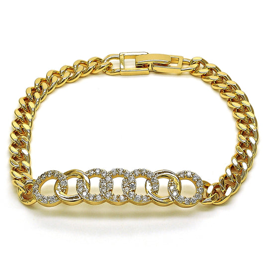 Oro Laminado Fancy Bracelet, Gold Filled Style with White Micro Pave, Polished, Golden Finish