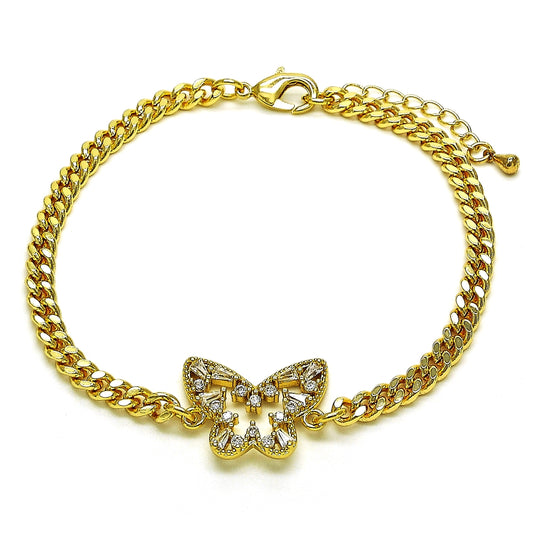 Oro Laminado Fancy Bracelet, Gold Filled Style Butterfly and Baguette Design, with White Cubic Zirconia, Polished, Golden Finish