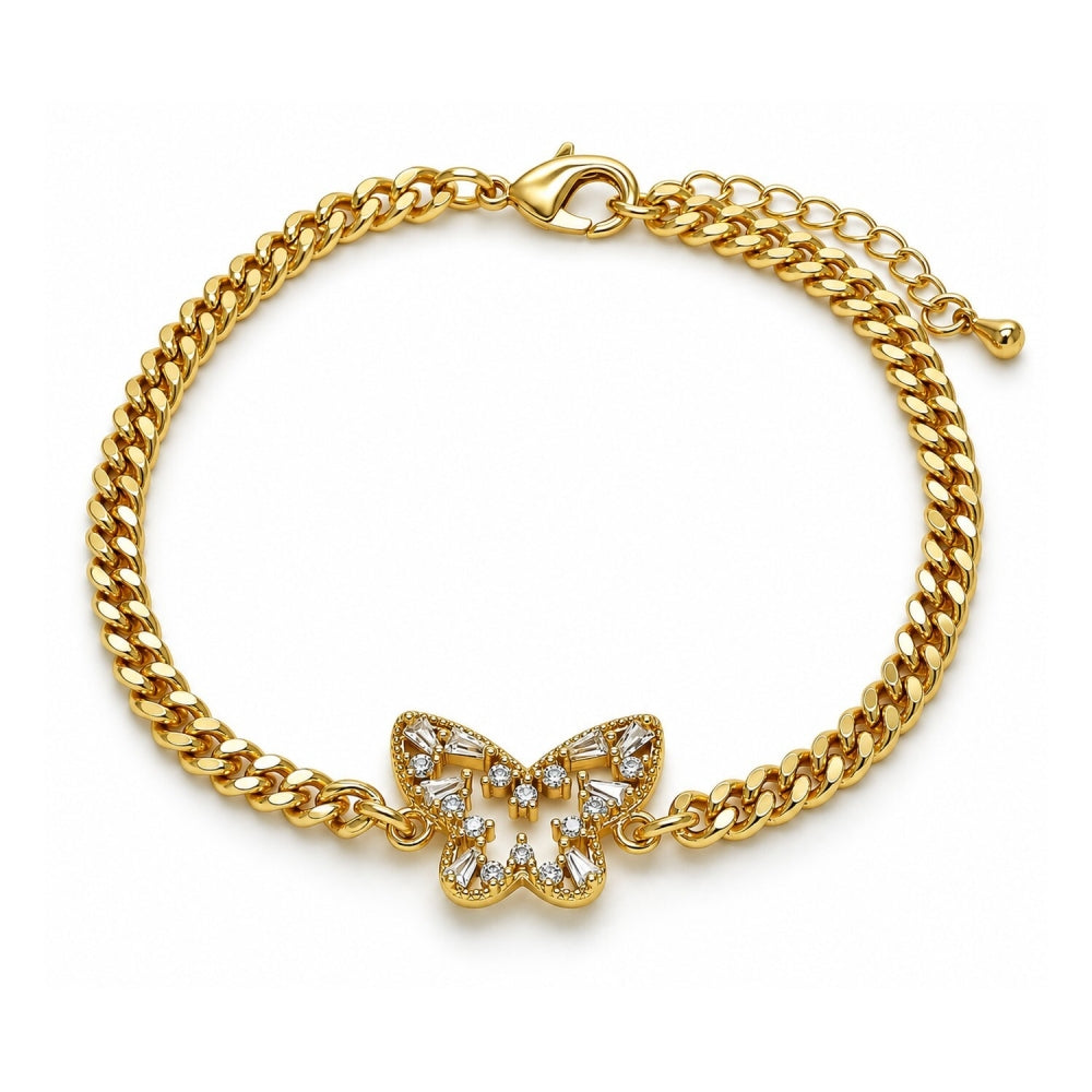 Oro Laminado Fancy Bracelet, Gold Filled Style Butterfly and Baguette Design, with White Cubic Zirconia, Polished, Golden Finish