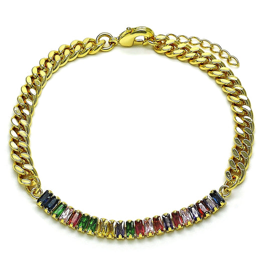 Oro Laminado Fancy Bracelet, Gold Filled Style Miami Cuban and Baguette Design, with Multicolor Cubic Zirconia, Polished, Golden Finish
