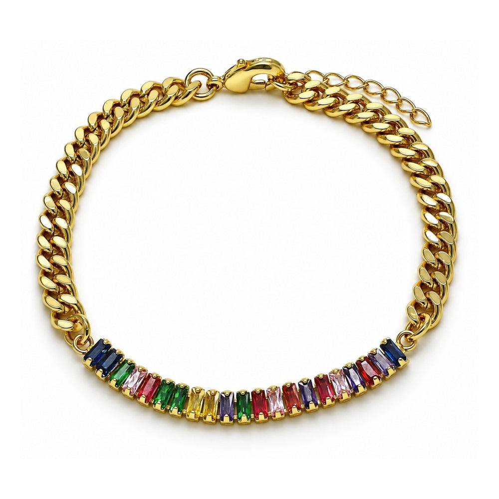 Oro Laminado Fancy Bracelet, Gold Filled Style Miami Cuban and Baguette Design, with Multicolor Cubic Zirconia, Polished, Golden Finish
