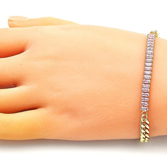 Oro Laminado Fancy Bracelet, Gold Filled Style Miami Cuban and Baguette Design, with Pink Cubic Zirconia, Polished, Golden Finish