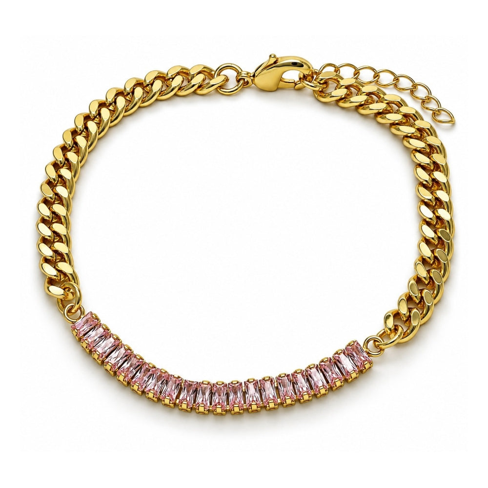 Oro Laminado Fancy Bracelet, Gold Filled Style Miami Cuban and Baguette Design, with Pink Cubic Zirconia, Polished, Golden Finish