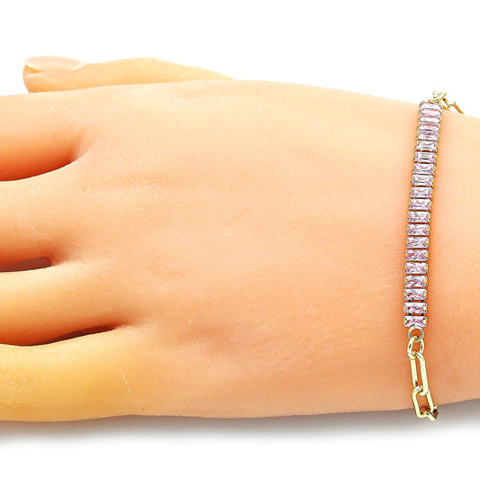 Oro Laminado Fancy Bracelet, Gold Filled Style Paperclip and Baguette Design, with Pink Cubic Zirconia, Polished, Golden Finish