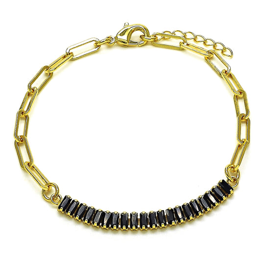 Oro Laminado Fancy Bracelet, Gold Filled Style Paperclip and Baguette Design, with Black Cubic Zirconia, Polished, Golden Finish