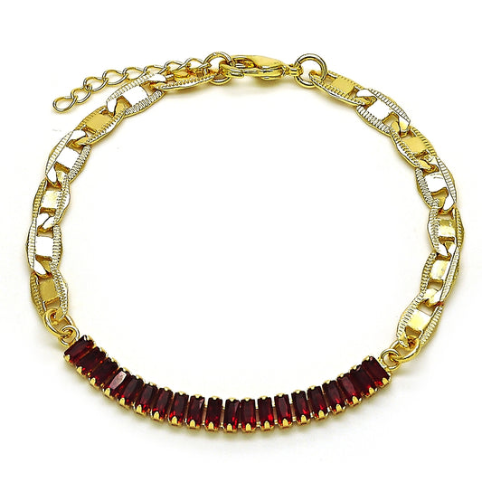Oro Laminado Fancy Bracelet, Gold Filled Style Mariner and Baguette Design, with Garnet Cubic Zirconia, Polished, Golden Finish