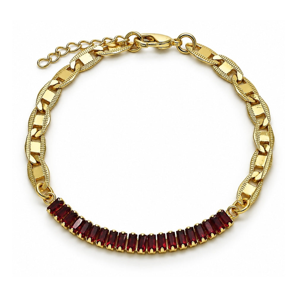 Oro Laminado Fancy Bracelet, Gold Filled Style Mariner and Baguette Design, with Garnet Cubic Zirconia, Polished, Golden Finish