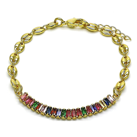 Oro Laminado Fancy Bracelet, Gold Filled Style Puff Mariner and Baguette Design, with Multicolor Cubic Zirconia, Polished, Golden Finish