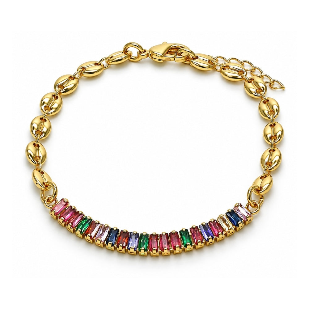 Oro Laminado Fancy Bracelet, Gold Filled Style Puff Mariner and Baguette Design, with Multicolor Cubic Zirconia, Polished, Golden Finish