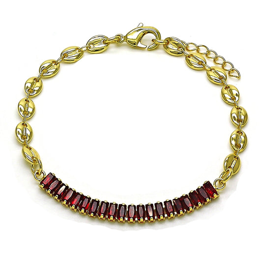 Oro Laminado Fancy Bracelet, Gold Filled Style Puff Mariner and Baguette Design, with Garnet Cubic Zirconia, Polished, Golden Finish