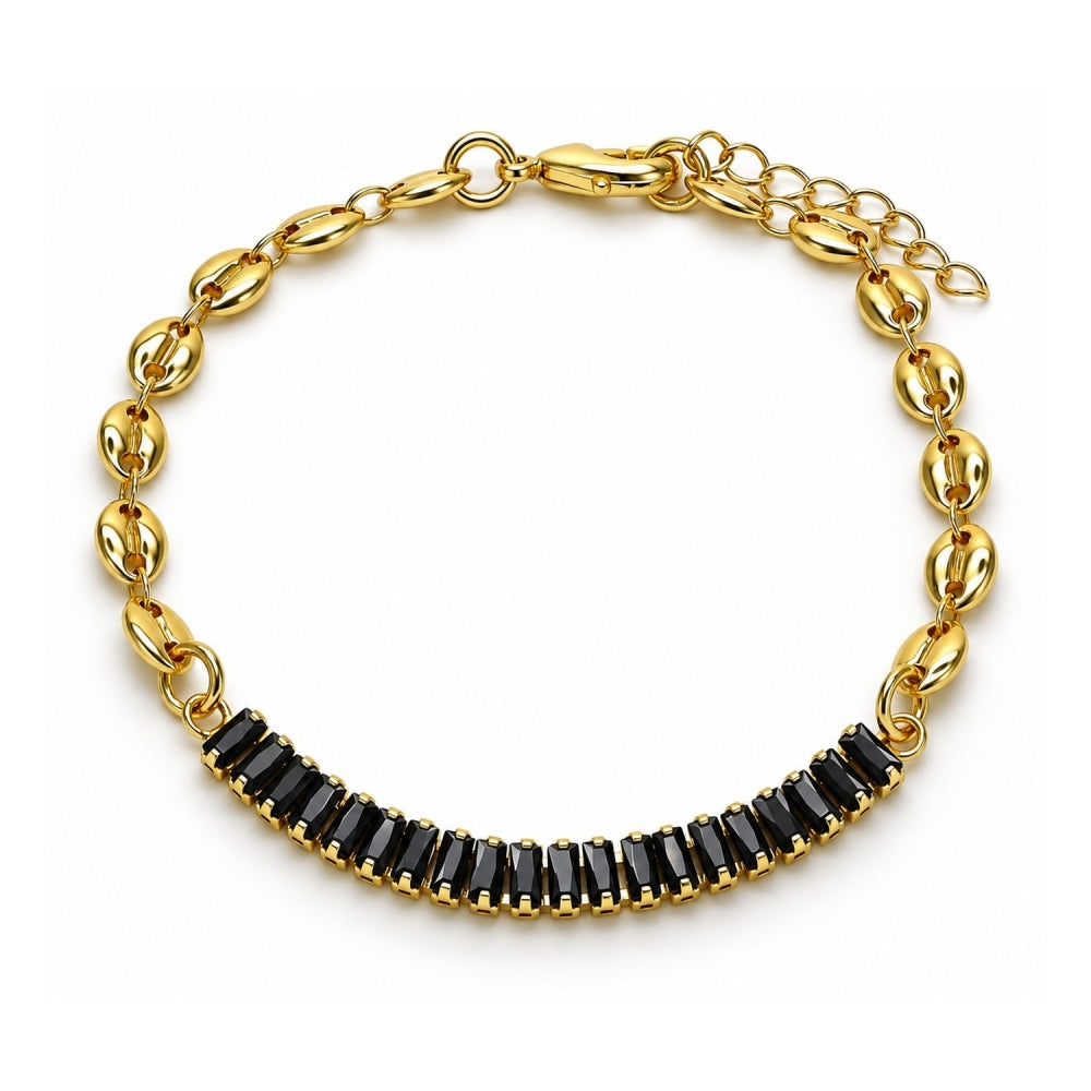 Oro Laminado Fancy Bracelet, Gold Filled Style Puff Mariner and Baguette Design, with Black Cubic Zirconia, Polished, Golden Finish