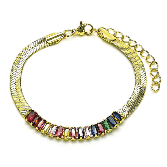 Oro Laminado Fancy Bracelet, Gold Filled Style Baguette Design, with Multicolor Cubic Zirconia, Polished, Golden Finish