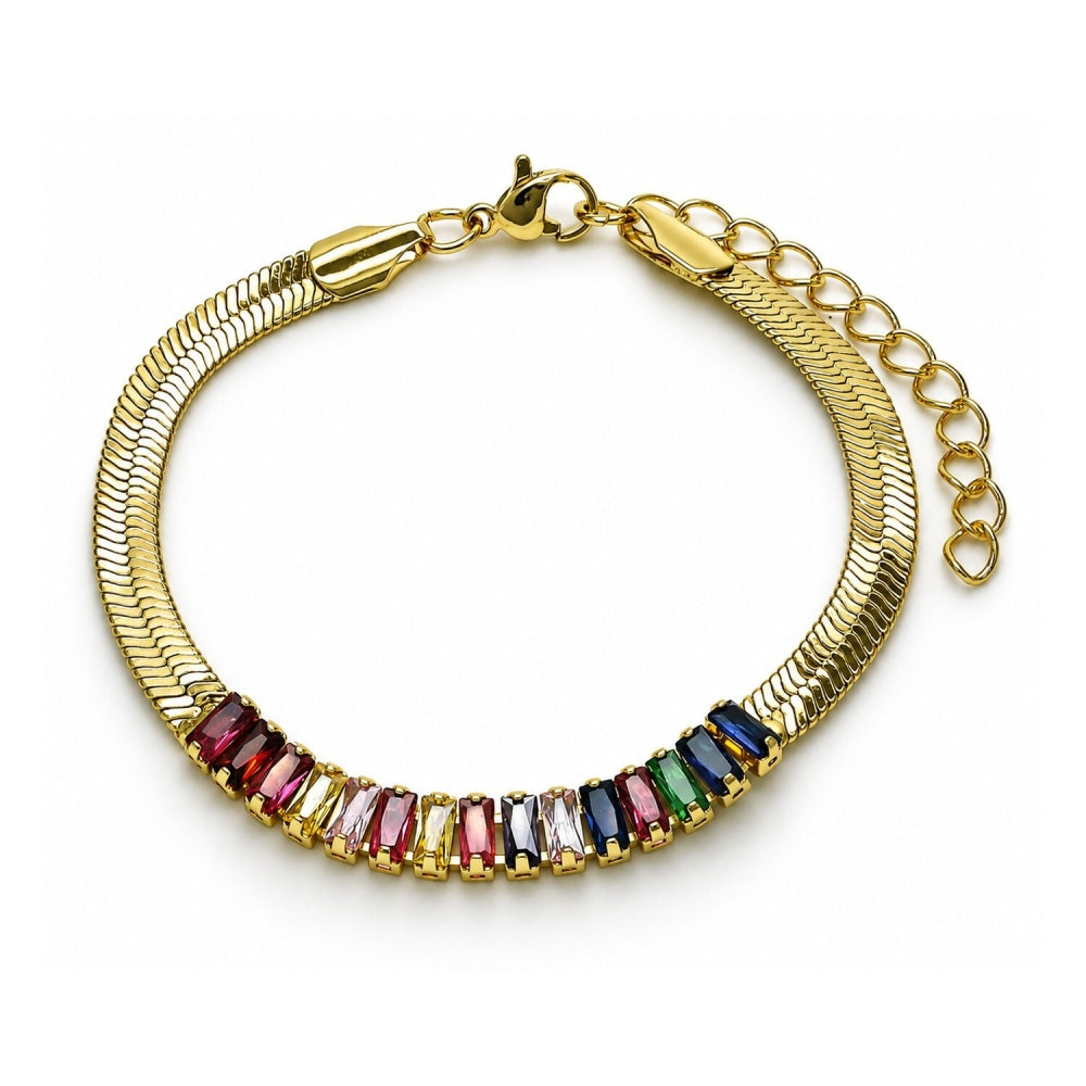 Oro Laminado Fancy Bracelet, Gold Filled Style Baguette Design, with Multicolor Cubic Zirconia, Polished, Golden Finish
