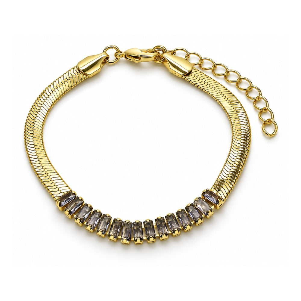 Oro Laminado Fancy Bracelet, Gold Filled Style Baguette Design, with Amethyst Cubic Zirconia, Polished, Golden Finish