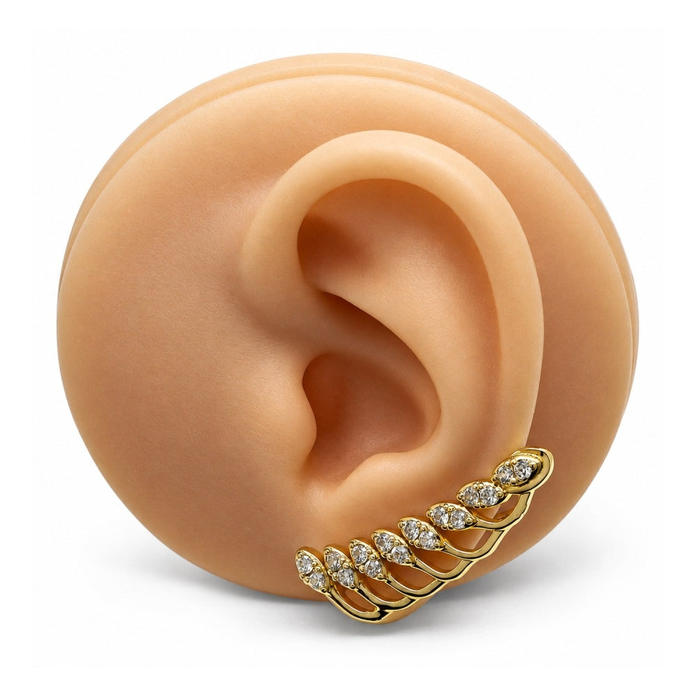 Oro Laminado Earcuff, Gold Filled Style Leaf Design, with White Micro Pave, Polished, Golden Finish