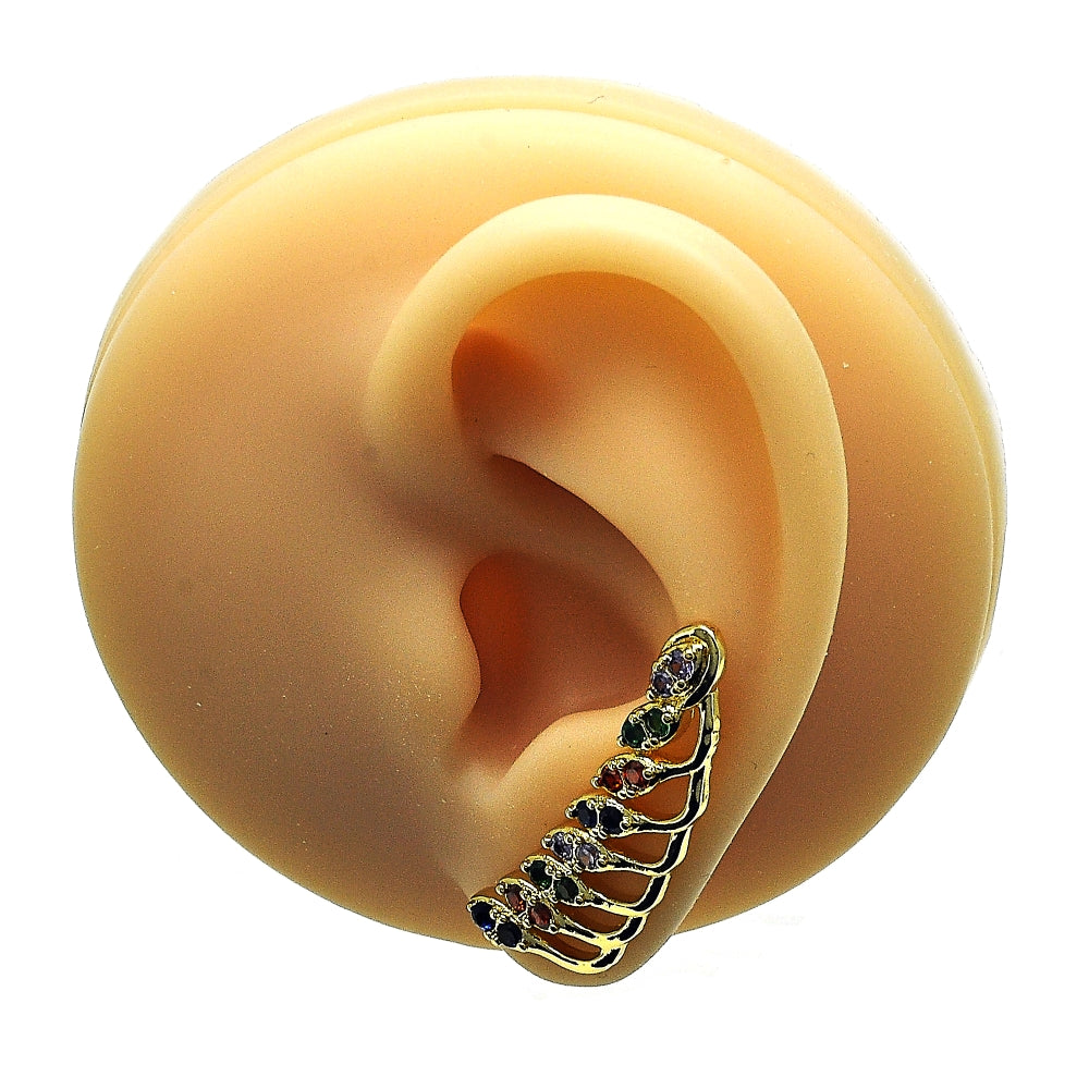 Oro Laminado Earcuff, Gold Filled Style Leaf Design, with Multicolor Micro Pave, Polished, Golden Finish