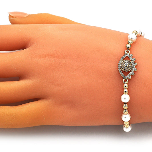 Oro Laminado Fancy Bracelet, Gold Filled Style Expandable Bead and Evil Eye Design, with White Micro Pave and Ivory Pearl, Polished, Golden Finish