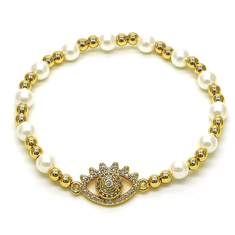 Oro Laminado Fancy Bracelet, Gold Filled Style Expandable Bead and Evil Eye Design, with White Micro Pave and Ivory Pearl, Polished, Golden Finish