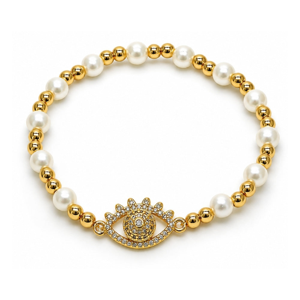 Oro Laminado Fancy Bracelet, Gold Filled Style Expandable Bead and Evil Eye Design, with White Micro Pave and Ivory Pearl, Polished, Golden Finish