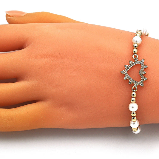 Oro Laminado Fancy Bracelet, Gold Filled Style Expandable Bead and Heart Design, with White Micro Pave and Ivory Pearl, Polished, Golden Finish