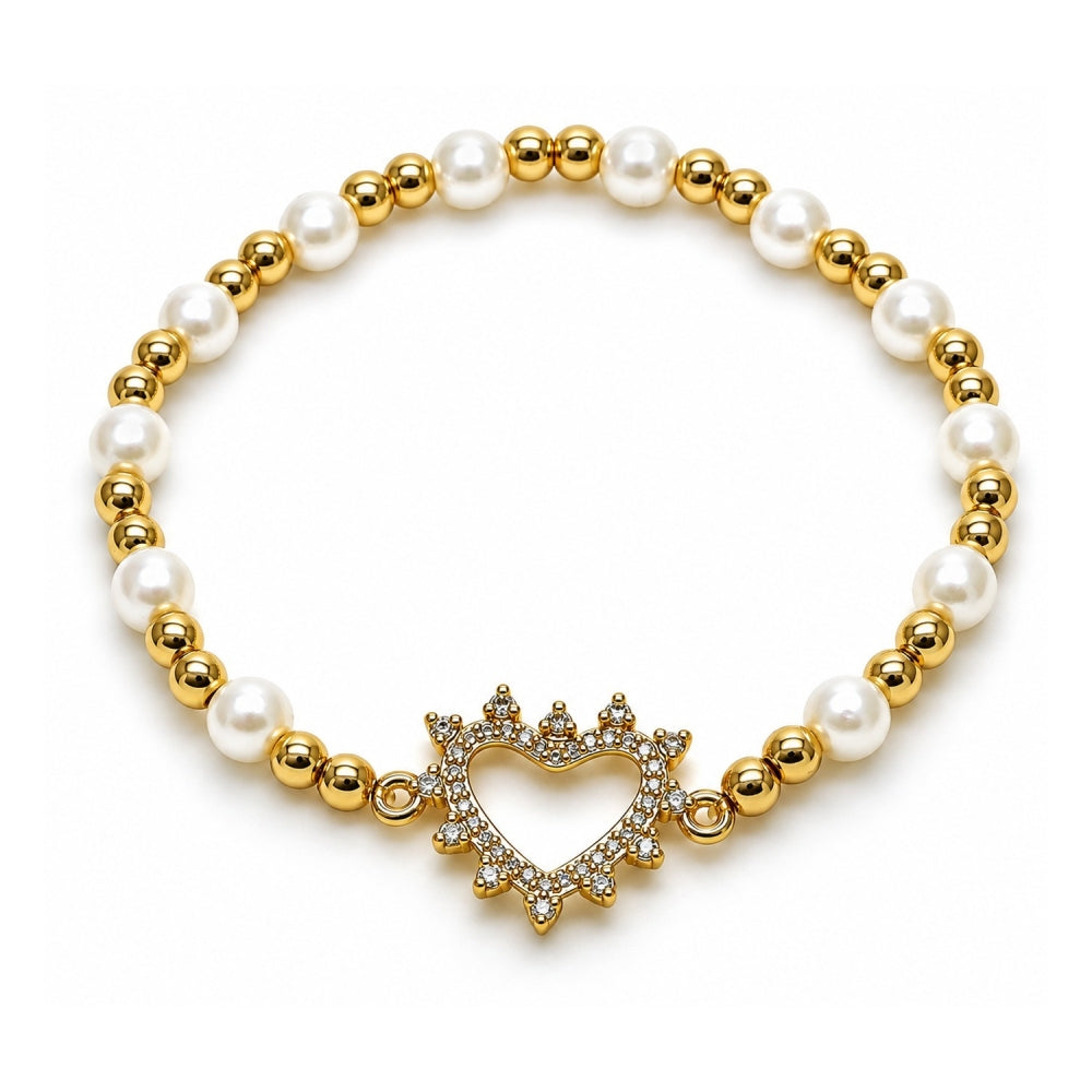 Oro Laminado Fancy Bracelet, Gold Filled Style Expandable Bead and Heart Design, with White Micro Pave and Ivory Pearl, Polished, Golden Finish