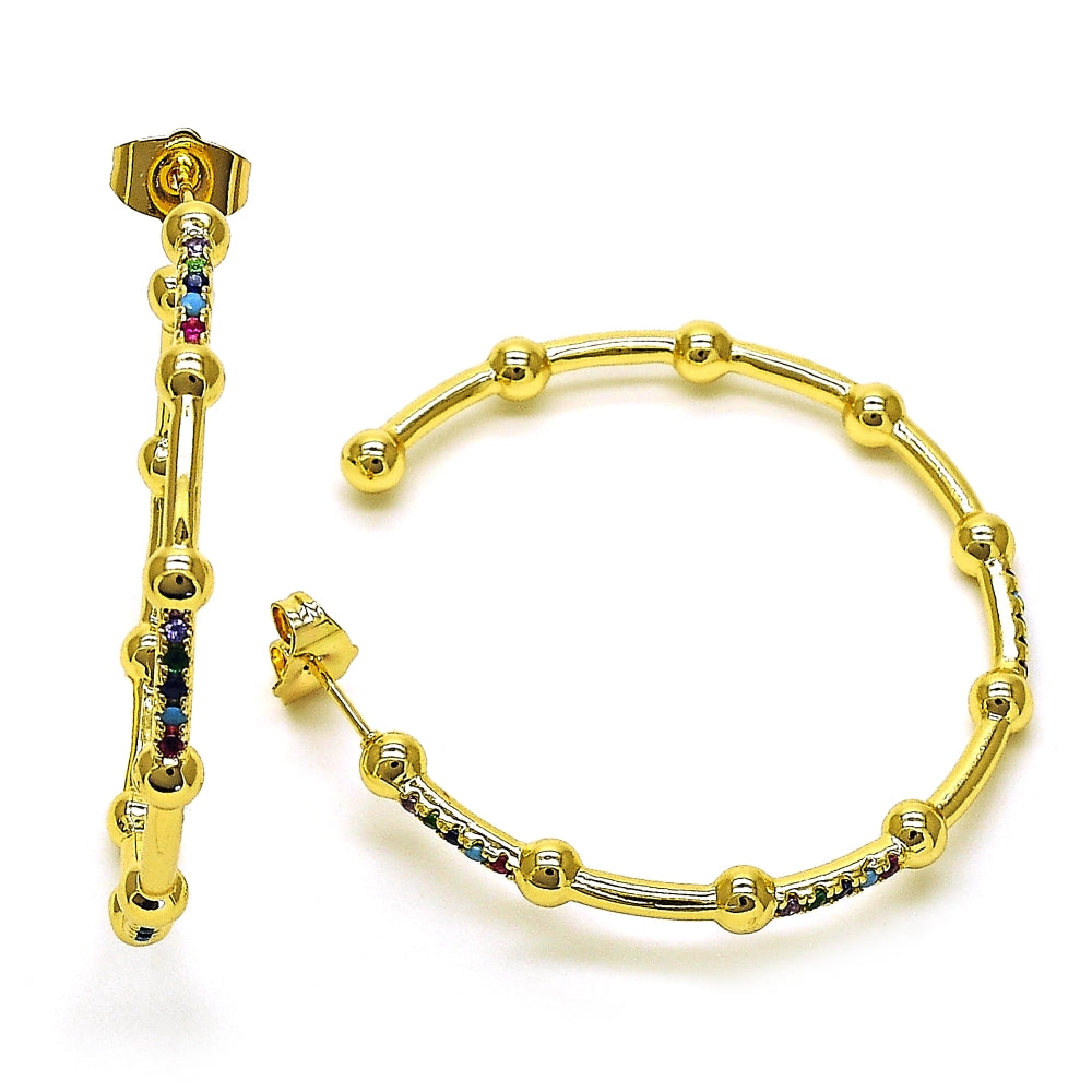 Oro Laminado Stud Earring, Gold Filled Style with Multicolor Micro Pave, Polished, Golden Finish
