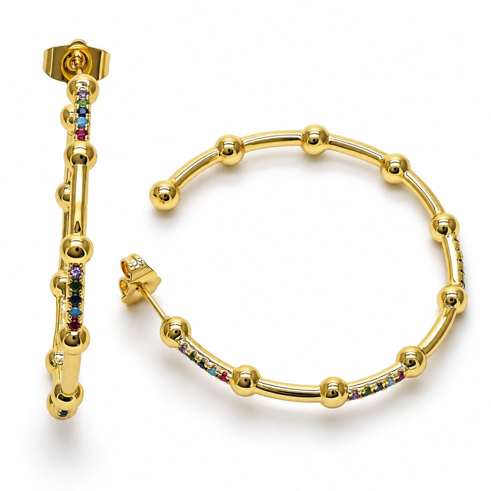 Oro Laminado Stud Earring, Gold Filled Style with Multicolor Micro Pave, Polished, Golden Finish