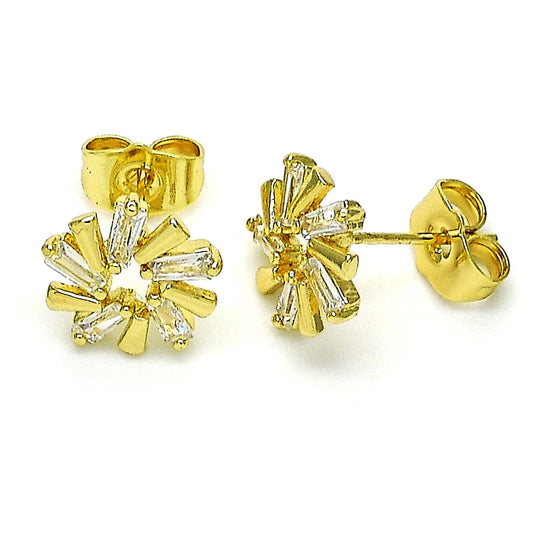 Oro Laminado Stud Earring, Gold Filled Style Baguette Design, with White Cubic Zirconia, Polished, Golden Finish