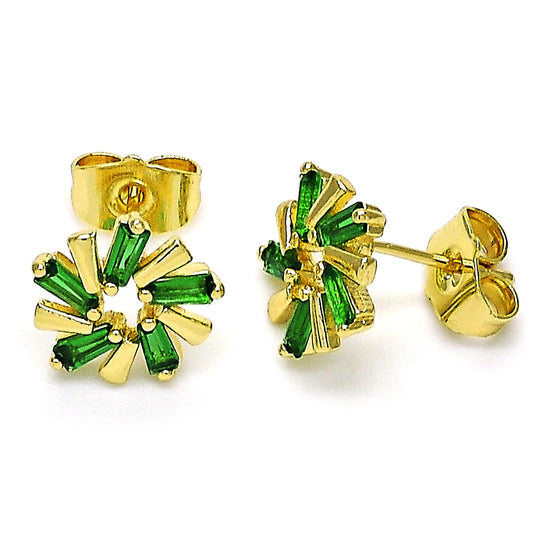 Oro Laminado Stud Earring, Gold Filled Style Baguette Design, with Green Cubic Zirconia, Polished, Golden Finish
